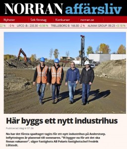 Skärmdump från Norran.se med info om det nya industrihus som Nordkust Bygg AB bygger på Anderstorp i Skellefteå.