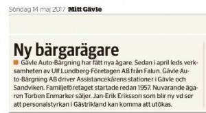 Skärmklipp av artikel om ägarbyte av Assistancekåren Gävle och Sandviken, i tidningen Mitt Gävle.