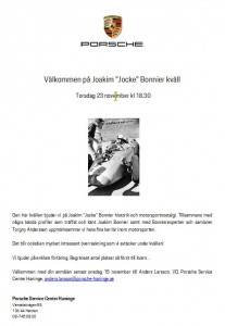 Inbjudan till Jocke Bonnier kväll hos Porsche Service Center i Haninge