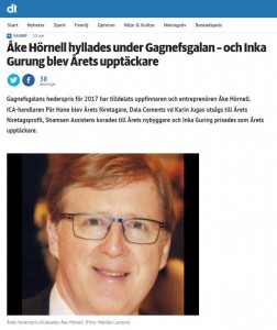 Skärmklipp från dt.se med bild på Åke Hörnell som fått hederspris av Företagarna i Gagnef.