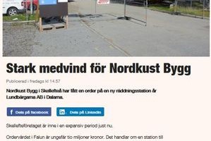 Skärmklipp från Norran.se där de skriver om Nordkust Bygg AB och deras bygge av ny räddningsstaion åt Assistancekåren i Falun och Borlänge.